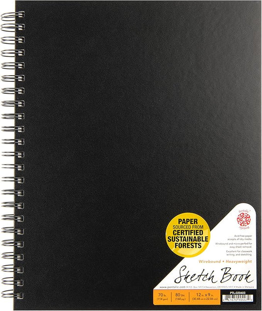 Pentalic - 9"x 12" Double Wirebound Sketchbook, 80 Sheets, Black