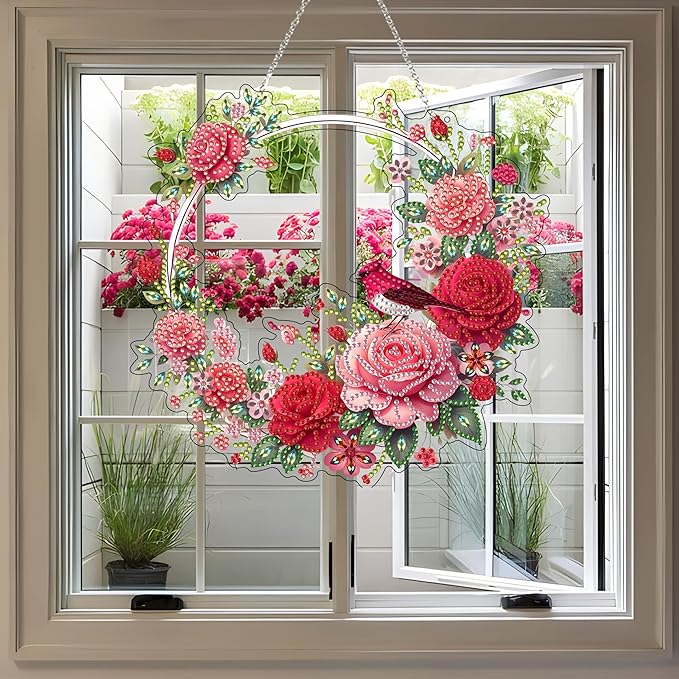 JJFox DIY Acrylic Diamond Art Painting Wreath Kits Special Shaped Rhinestone Diamond Art Window Pendants Home Garden Wall Hanging Kits Hanging Ornament (Wreath)