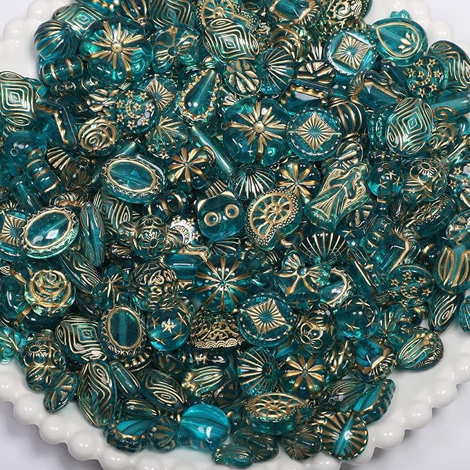 7.5 OZ Assorted Vintage Acrylic Beads For Jewelry Making, Song Xi Unique Flower Rose Czech Beads For Bracelet Earrings, Bohemia Style, Bulk, Arts and Crafts, DIY Holiday Gift (240-260 PCS, Bule-Green)
