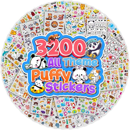 3200+ 3d puffy stickers in 64 sheets, stickers including animals, letters, numbers, dinosaurs, cars and more for teacher supplies, crafts, gifts,classroom reward sticker for kids toddles 3-12 years.