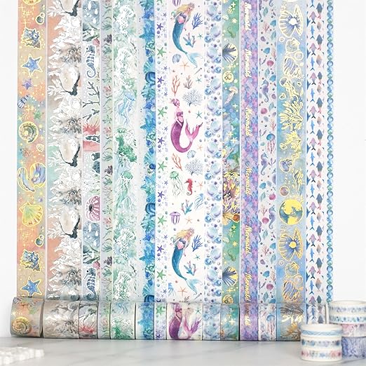 YUBX Marine Life Washi Tape Set 24 Rolls Gold Silver Foil Masking Underwater World Graphic Decorative Tapes for Arts, DIY Crafts, Journals, Planners, Scrapbook, Wrapping