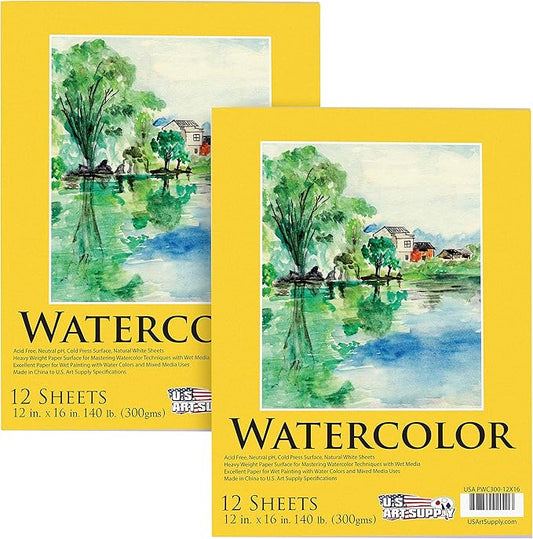 U.S. Art Supply 12" x 16" Premium Heavyweight Watercolor Paper Pad, Pack of 2 (12 Sheets Each), 140lb (300gsm) - Cold Pressed, Acid-Free, Wet, Water Color Paper - for Artists, Students