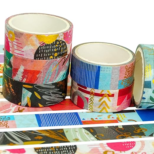 YUBBAEX 10 Rolls Geometric Washi Tape Set Gold Foil Masking Modern Arts Decorative Tapes for Arts, DIY Crafts, Journals, Planners, Scrapbook, Wrapping