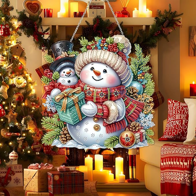 JJFox Diamond Art Hanging Kit for Adult,Special Shaped Rhinestone,DIY Acrylic 5D Diamond Art Painting Window Pendants Home Garden Wall Hanging Kits Hanging Ornament,Double Sided. (Christmas Snowman)