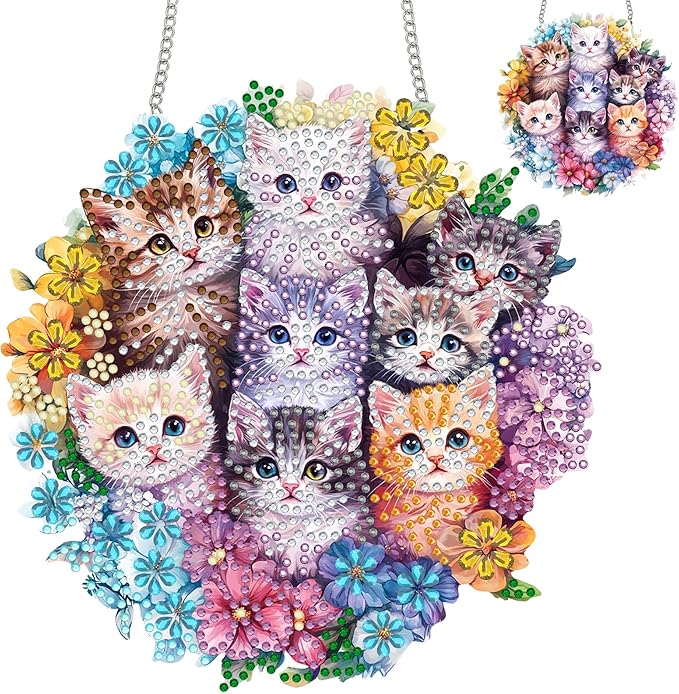 Zariocy Hanging Diamond Art Ornament Cats Kits for Adults – Special Crystal Double Sided Pendant, DIY Animal Diamond Painting Acrylic Board Window Pendants Home Garden Wall Hanging Decor 8x8 inch
