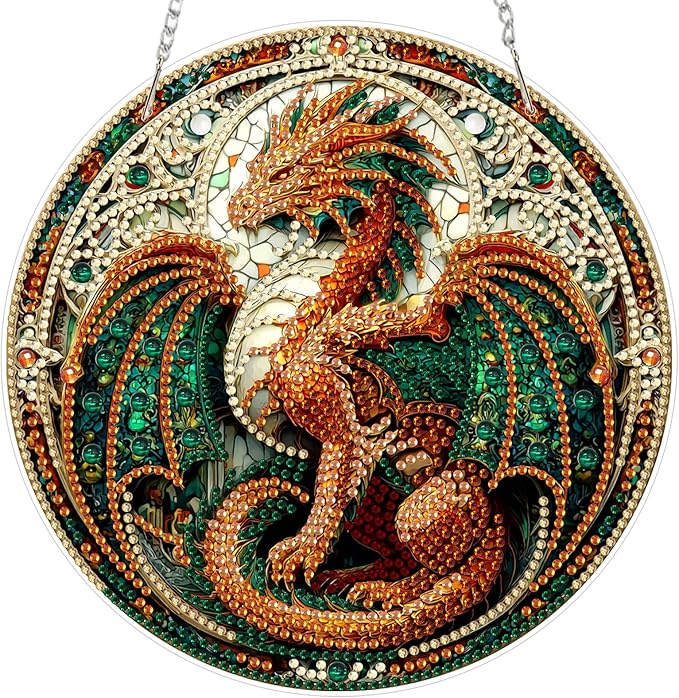 Lxmsja DIY Dragon Stained Glass Diamond Painting Hanging Ornament, Double-Sided Acrylic Fantasy Dragon Diamond Art Kit, Special Shaped Suncatcher Hanging Pendant Window Art Kit