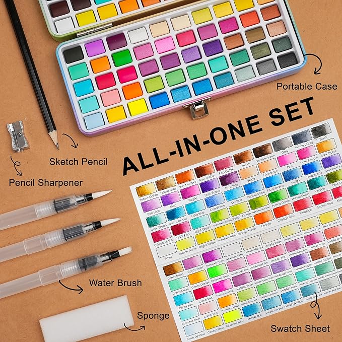 100 Colors Watercolor Paint Set - Vibrant Pigments in Portable Metal Case with 3 Water Brushes, Non-Toxic Travel-Friendly Painting Kit for Professional Artists/Students/Beginners
