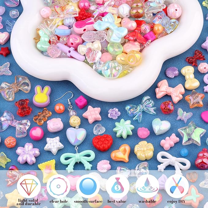 200-260PCS TINKRSTUFF Assorted Acrylic Beads Colorful Cute Beads for Bracelet Making, Bow Flower Butterfly GummyBear Kawaii Charms, Aesthetic Bead for Necklace Keychain Jewelry Making DIY Phone Charm