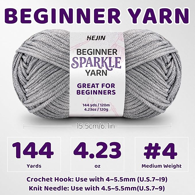 120g Silver Sparkle Yarn for Crocheting and Knitting; 120m(144yds) for Beginners with Easy-to-See Stitches; Worsted-Weight Medium #4; Yarn for Beginners Crochet Kit Making
