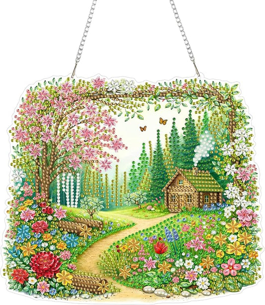 Aeepics Hanging Diamond Art Kit for Adult, DIY Diamonds Painting Pendant Ornament Kit, Acrylic Diamond Art Painting Board Kit (Cabin in The Wood)