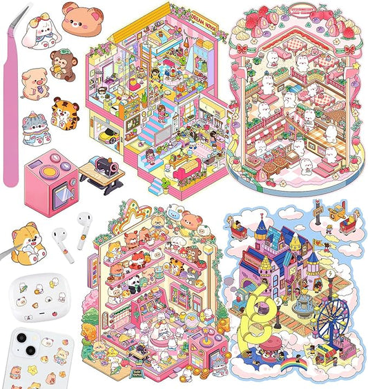 DIY 3D House Stickers, 4 Sets Fun DIY Stickers Scene Make Your Own Mini House Cute Cartoon Animal Scene Stickers for Kids Adult Sticker Art Relief Stress Pass The Time- Large Size