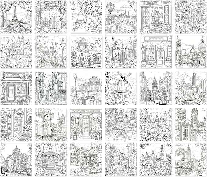 Coloring Book for Adult, 30 Pages Hues of The City, Color Urban Street Scenes, Architecture Building Stores, Fun Coloring Activities for Women Teen, Painting Pages for Relax Stress Relief