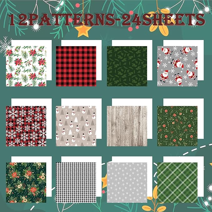 Christmas Pattern Scrapbook Paper, 6 Inch Card Production Supplies, 24 Sheets Single Sided Acid-Free Cardstock Greeting Card, Handmade Gift Journaling Craft Kits (C-style)