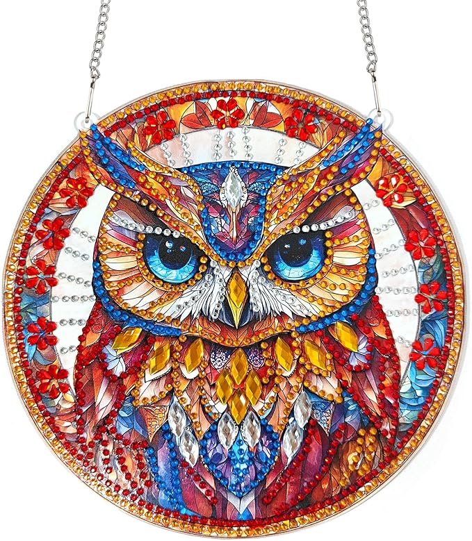 SKRYUIE Owl Hanging Diamond Art Kits for Adults Pendant Suncatcher, Special Shaped Crystal DIY Pearl Diamond Painting Kit, Gift for Mother Spring Summer Window Wreath Decor 7.21 x 7.29 Inch A21