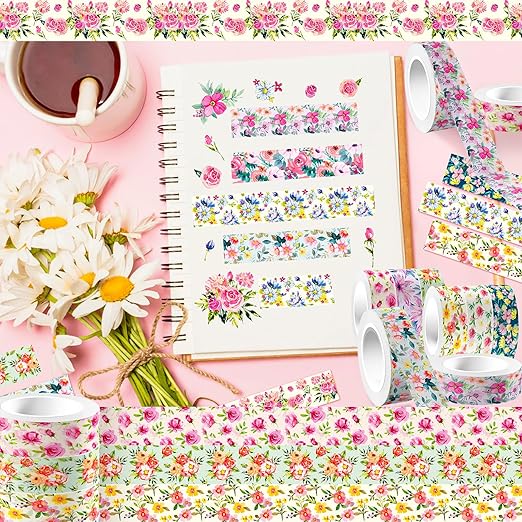 12 Rolls Flower Washi Tape Set, Floral Masking Tape, Spring Colorful Garden Themed Decorative Paper Tape for Monther's Day Scrapbooks Journals Vision Boards Planners DIY Crafts 16.4FT