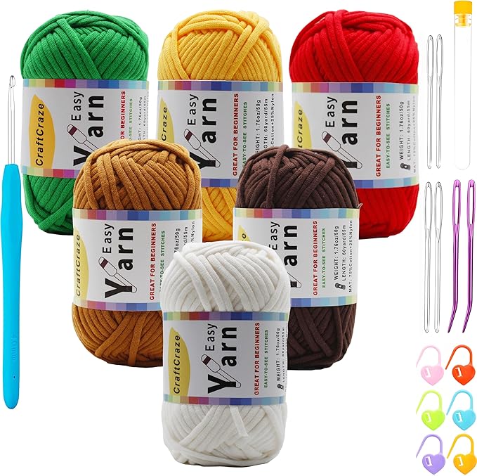 Beginner Easy Yarn Kit for Knitting,Crocheting; Worsted Weight Medium #4; Cotton Blend Yarn for Amigurumi with Tools (Merry Christmas, 6 Skein)