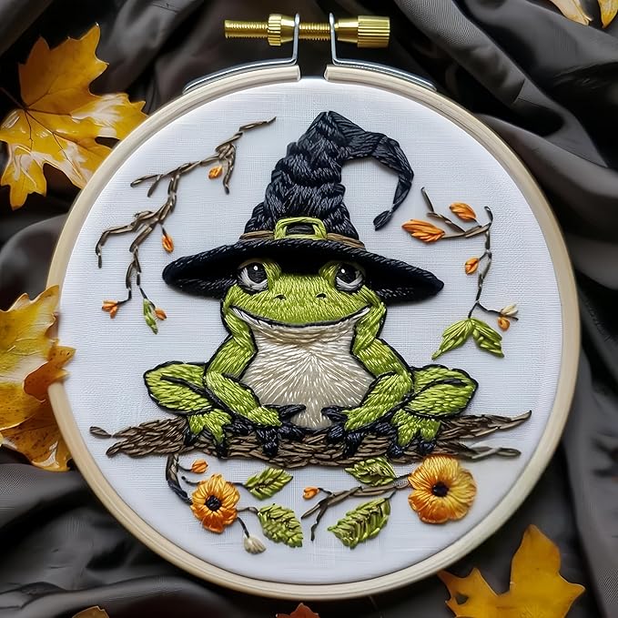 Floral Witch Hat Embroidery Kit Halloween Cross Stitch Material Set with Bat Skull Flower Pumpkin Patterns, DIY Hand Needlepoint Embroidery Craft Kit for Beginners Professional (Witchy Frog)