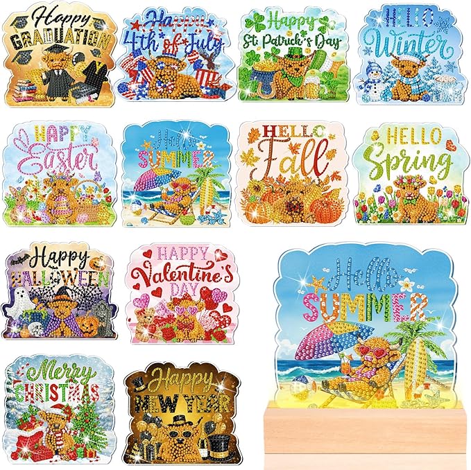 Chunful 13 Pcs Highland Cow Interchangeable Seasonal Diamond Art Tabletop Holiday Diamond Art Painting Kit with Wooden Light Base for Table Tiered Tray Home Office Tabletop Centerpiece Decor