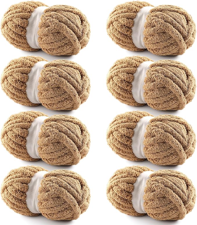 8 Pack Chunky Yarn for Hand Knitting - Chunky Chenille Blanket Yarn for Crocheting - Jumbo Fluffy Yarn for Crochet - Super Bulky Yarn 25 yds 7.7 oz Each Skein (Camel Color)
