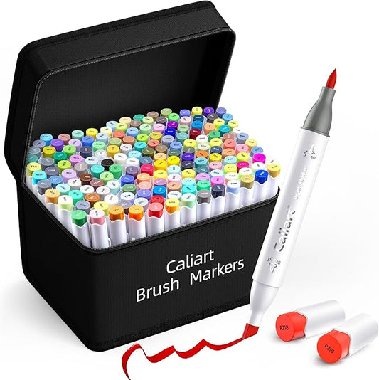 caliart 168 colors alcohol markers brush tip & chisel, dual tip art markers set for adults coloring book artists sketch illustration, with case permanent colored pen art supplies drawing gifts