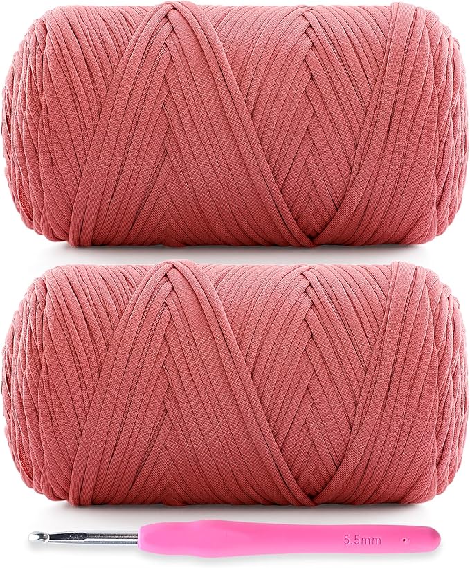 2 Pack Soft T-Shirt Yarn for Crochet, T Shirt Yarns for Crocheting Crafts, Bags, Basket, Coaster, Tshirt Yarns - 800 G/260 Yds with 1 Crochet Hook (2, Leather Pink)