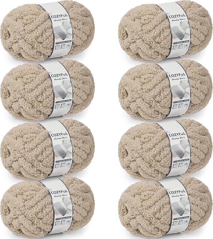 Chunky Yarn for Hand Knitting - #10 Chunky Chenille Yarn, Jumbo Big Thick Chunky Yarns for Crocheting, Super Bulky Chunky Knit Blanket Yarns, 8 Skein (25 yds 8 oz Each Skein), Khaki