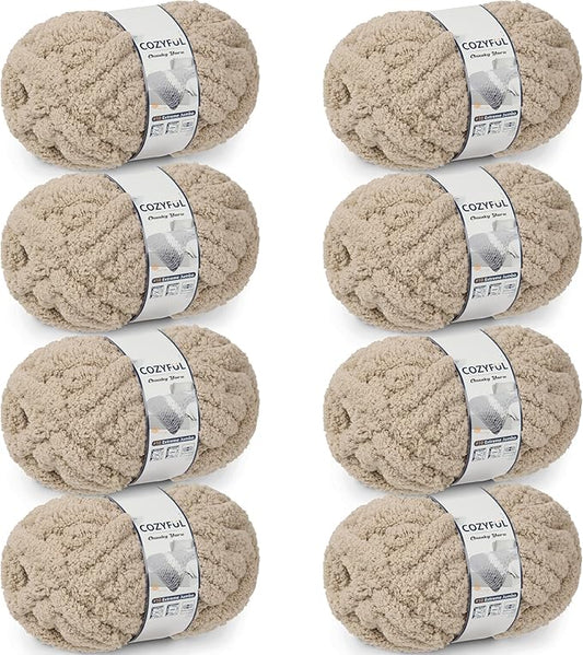 Chunky Yarn for Hand Knitting - #10 Chunky Chenille Yarn, Jumbo Big Thick Chunky Yarns for Crocheting, Super Bulky Chunky Knit Blanket Yarns, 8 Skein (25 yds 8 oz Each Skein), Khaki