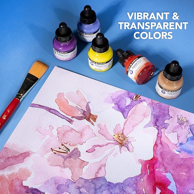 Daler-Rowney Aquafine Watercolor Ink 6-Color Intro Set with Marker - Versatile Liquid Watercolor Ink for Artists and Students - Use with Paint Brushes, Technical Pens, Airbrushes, and Paint Markers