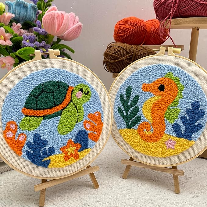 Punch Needle Kit for Beginner, 2-Pack Turtle & Sea Horse Punch Embroidery Starter Set with Instructions – Yarn Needle Punch Craft for Xmas Gift Idea & Home Wall Decor