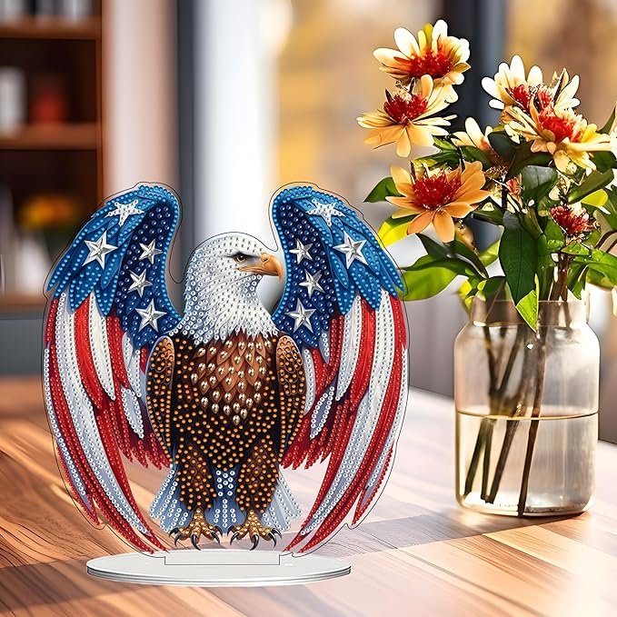 JJFox DIY Tabletop Diamond Art Painting Kit，Desktop Ornament Special Shaped Rhinestone Desk Placement Ornament，Home Stand Up Gem Painting Craft Kit Gift Double Sided (USA-Eagle)