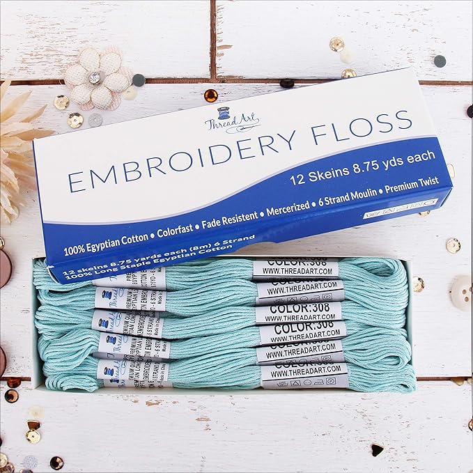 12 Skeins ThreadArt Premium Egyptian Long Fiber Cotton Embroidery Floss | Very Light Aqua | 6 Strand Divisible Thread 8.75yds Each for Hand Embroidery, Friendship Bracelets, Cross Stitch and Crafts