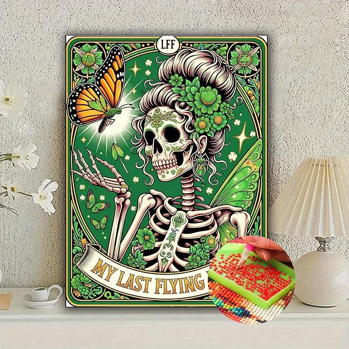 KUFWKEY Skull Diamond Art Kits for Adults,Skeleton Tarot Diamond Painting Kits for Beginners,5D DIY Full Drill Round Diamond Dots,Mosaic Gem Art Crafts for Wall Decor,St Patrick Gift,12X16 inch