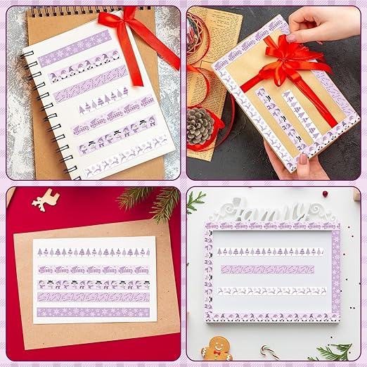 Purple Christmas Washi Tape - 12 Rolls Elegant Santa Reindeer Snowflake Watercolor Double Sided Scrapbook Masking Washi Tape School Office Adhesive Glue Scrapbooking Supplies Gift Wrapping