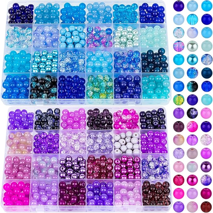 XSEINO About 1200PCS 8mm Glass Beads Bracelet Making Kit，48 Assorted Dreamy Purple and Blue Series Colorful Crystal Beads for Making and DIY Crafts