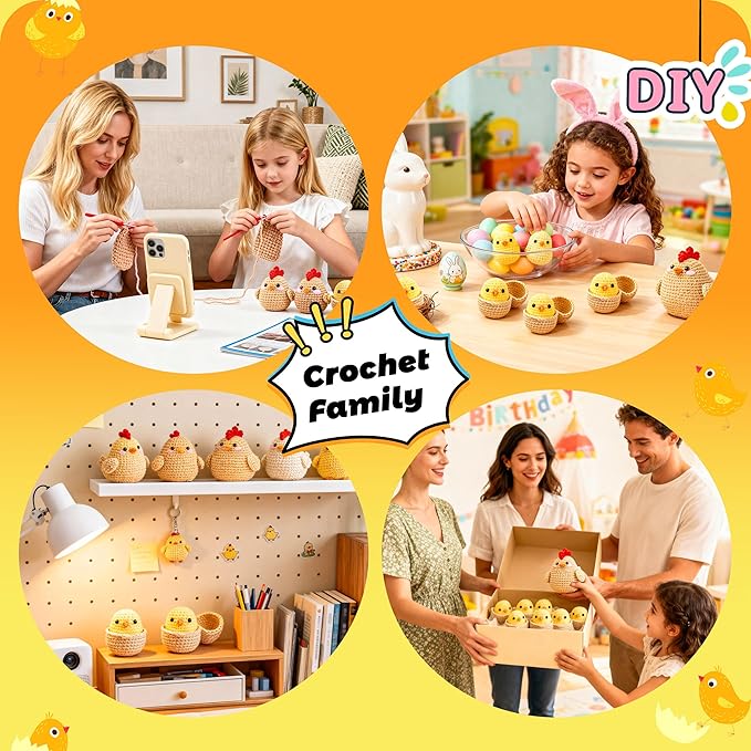 Joyclub 4 Pcs Crochet Kit for Beginners Crochet Starter Kits for Adults and Kids Great Easter Gifts for Crocheting Lovers with Step by Step Video Amigurumi Chicken Family Knitting Kit DIY Craft