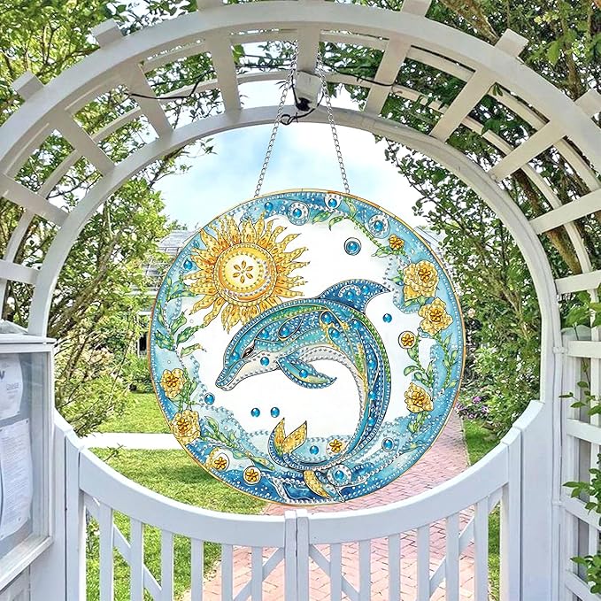 Wergund 5D DIY Dolphin Diamond Art Hanging Kits, Hanging Diamond Art Animal, Acrylic Special Shaped Rhinestone, Window Hanging Pendants for Home Wall Garden Front Door Outdoor Decor Gift(Dolphin)