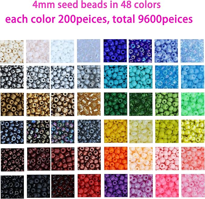 8600 pcs 4mm 6/0 48 Colors Glass Seed Beads, Charms Bracelet Jewelry Making Beads Kit Gifts Small Craft Glass Beads with Beading Elastic String for Bracelets Earrings Necklaces Making（48 Colors）