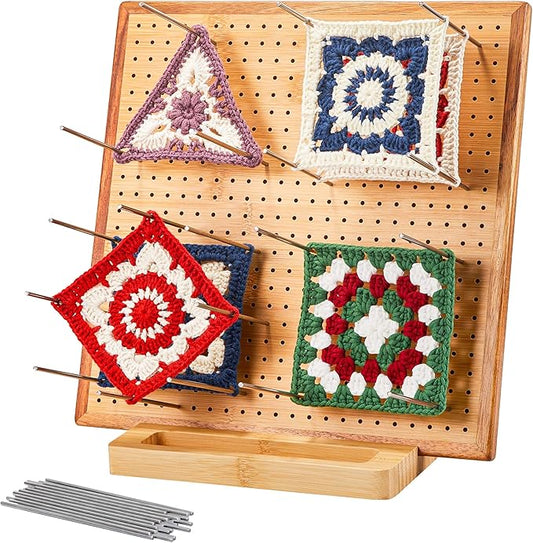 11.8" Crochet Blocking Board with 20 Pegs Pins, Granny Square Blocking Board for Crochet Projects, Bamboo Blocking Boards for Crocheting and Knitting, Wooden Gifts for Crocheter