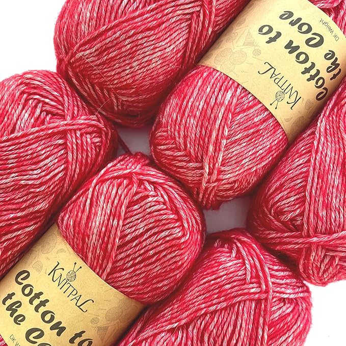 Cotton to The Core Cotton Yarn for Crocheting, 6-Pack (852 Yds / 300G), Free Patterns, Beginners Friendly - Soft Baby Yarn for Knitting - 3 DK Light Worsted Weight - Strawberry Red