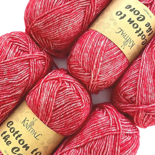 Cotton to The Core Cotton Yarn for Crocheting, 6-Pack (852 Yds / 300G), Free Patterns, Beginners Friendly - Soft Baby Yarn for Knitting - 3 DK Light Worsted Weight - Strawberry Red
