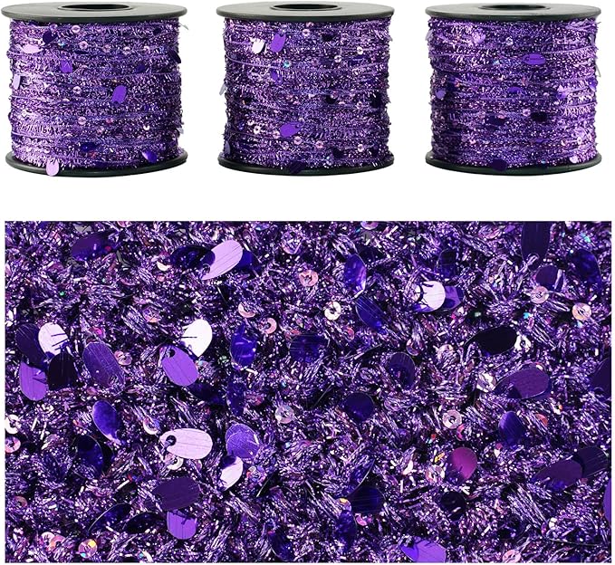 Artisanal Yarn Collection Multifiber Fancy Yarn for Knitting Crocheting Crafts DIY, Set of 3 Rolls (Purple Teardrop Sequins)