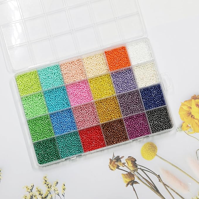 Size 2mm Seed Beads 24 Pearl Colors in Grid Storage Box Total About 20000pcs, 12/0 Small Seed Beads for Bracelet Jewelry Making