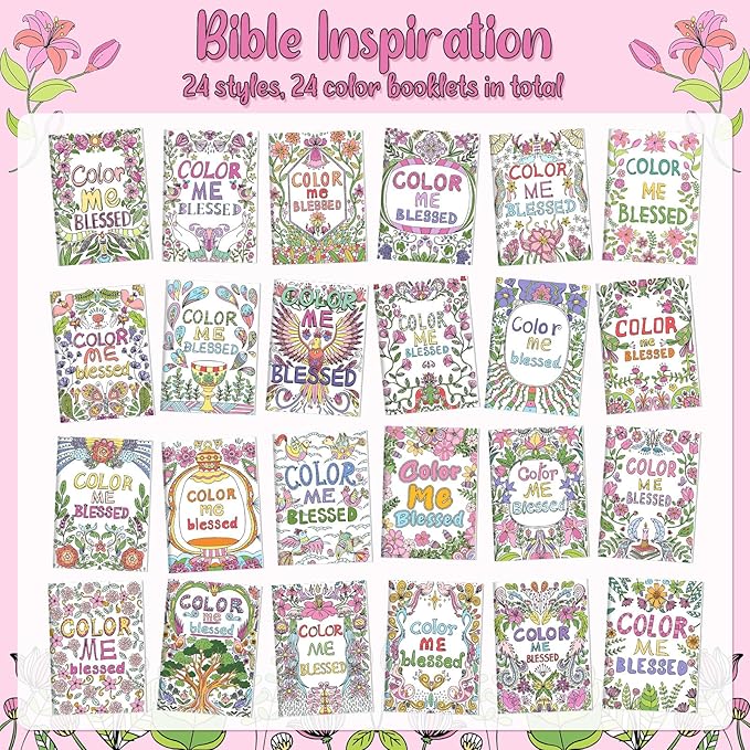 Liliful 24 Pcs Blessed Theme Coloring Book Bulk for Adult DIY Flower Stress Relief Color Drawing Book with Patterns for Adults, Party Favors, Goodie Bag Filler and Holiday Gifts