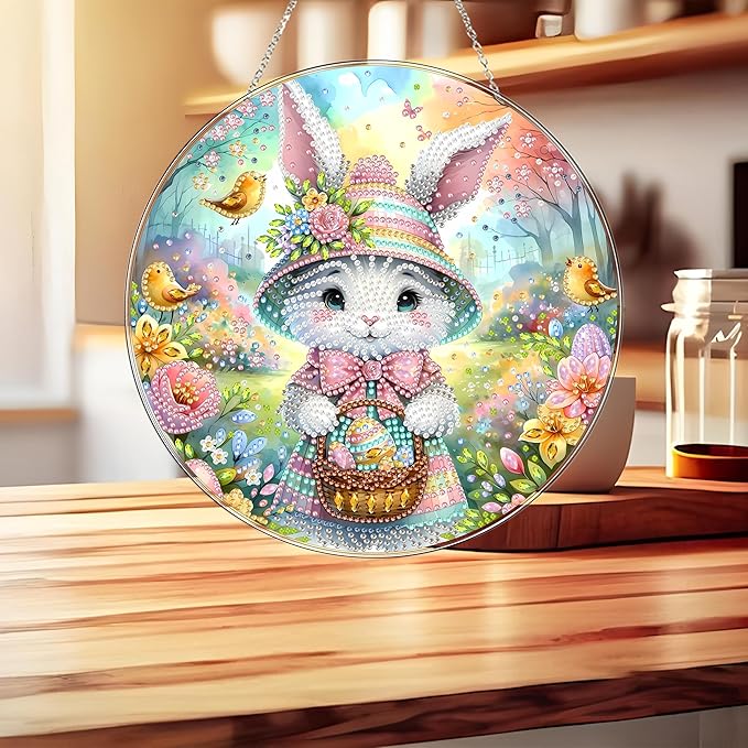 DIY Hanging Diamond Art Kit for Adults, 5D Acrylic Gem Art Window & Wall Pendant, Diamond Painting Ornament for Home Decor (Easter Bunny)