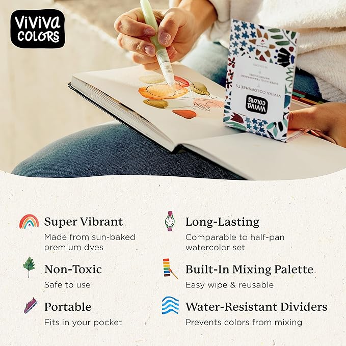 Viviva Colors Travel Watercolor Set - Viviva Watercolor Sheets, Original 16 Colors - Fun, Vibrant, No Mess Watercolor Paint Kit for Adults & Kids - Handmade & Premium Pocket Water Color Set