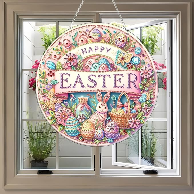 JJFox Diamond Art Hanging Kit for Adult,Special Shaped Rhinestone,Double Sided DIY Acrylic Diamond Art Painting Window Pendants Home Garden Wall Hanging Kits Hanging Ornament (Happy Easter)