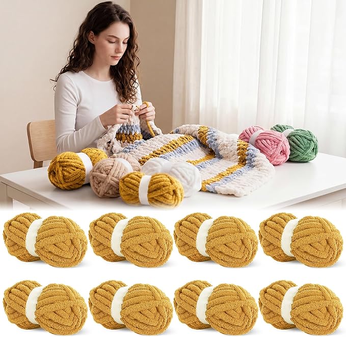 BALAPET 8 Pack Chunky Chenille Yarn for Crocheting & Knitting, 27yds 8 oz Each Skein Soft Fluffy Kitting Yarn Set, Thick Velvet Plush Yarn for Handcrafts Weaving Making Blankets, Ginger