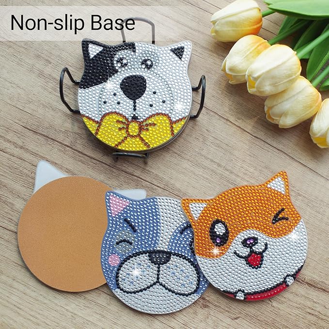 Vcekract Diamond Painting Coasters Kits, 6 Pices Dog Diamond Art Coasters with Holder, Crafts Kits for DIY Coasters, Diamond Art Kits for Adults