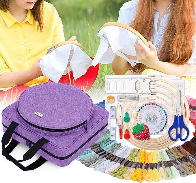 LoDrid Embroidery Kit, Embroidery Project Bag with Embroidery Kit, Portable Craft Carry Case with Starter Kit, Embroidery Supplies Storage Bag and Cross Stitch Kits for Beginner, Adults, Purple