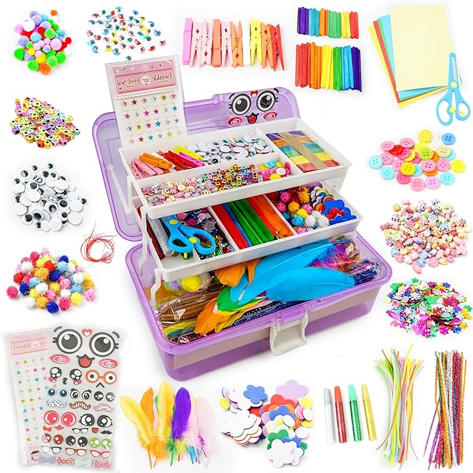 smilesskiddo arts craft supplies for kids - 1000+ pcs toddler diy craft art supply set, portable 3 layered folding storage box school craft projects - gifts for girls crafts for girls ages 4-8 8-12